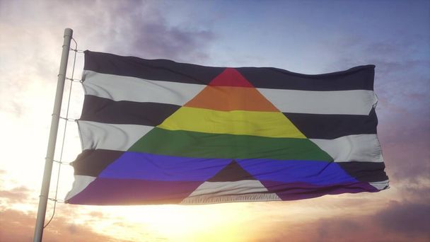Bandera de orgullo aliada recta ondeando en el viento, el cielo y el sol de fondo. renderizado 3d. - Foto, imagen