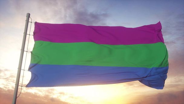 Polyseksualiteit trots vlag zwaaiend in de wind, hemel en zon achtergrond. 3d destructie. - Foto, afbeelding