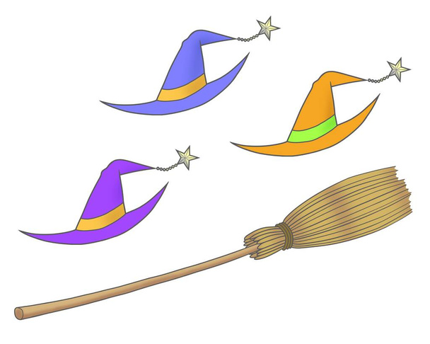 Três chapéus de bruxa em cores diferentes e uma vassoura - Foto, Imagem