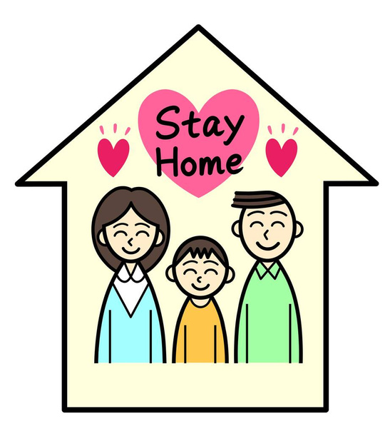 Μια οικογένεια τριών χαμογελαστών στο σπίτι και γράμματα του Stay Home - Φωτογραφία, εικόνα