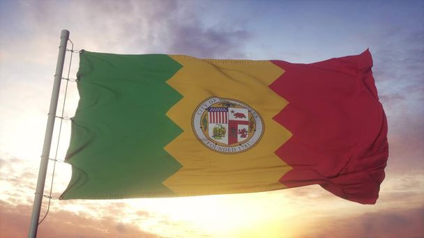 ロサンゼルス市旗、カリフォルニア州、風、空と太陽の背景に手を振っ。3Dレンダリング. - 写真・画像