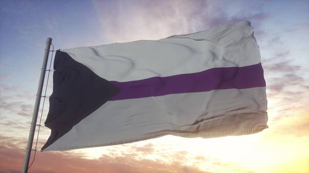 Die Flagge des demisexuellen Stolzes weht im Wind, am Himmel und im Sonnenhintergrund. 3D-Darstellung. - Foto, Bild