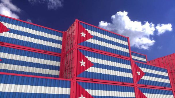 Pojemniki z flagą Kuby znajdują się w terminalu kontenerowym. Koncepcja eksportu lub importu na Kubę, renderowanie 3d. - Zdjęcie, obraz
