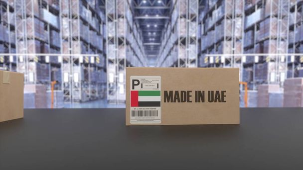 Коробки с текстом MADE IN UAE на конвейере. Объединенные Арабские Эмираты товаров, связанных. 3d-рендеринг. - Фото, изображение