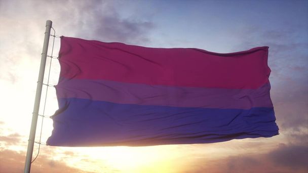 Bandera de orgullo bisexual ondeando en el viento, el cielo y el sol de fondo. renderizado 3d. - Foto, Imagen