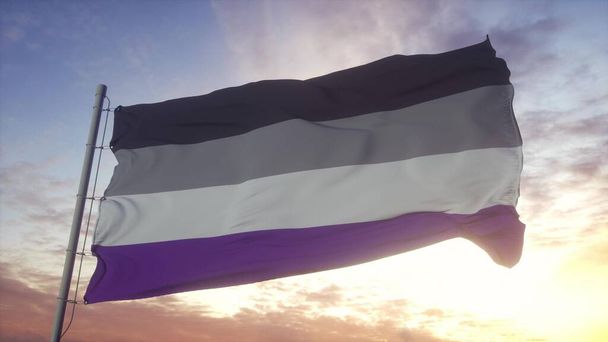 Aseksuaalinen lippu heiluttaa tuuli, taivas ja aurinko tausta. 3d-renderointi. - Valokuva, kuva