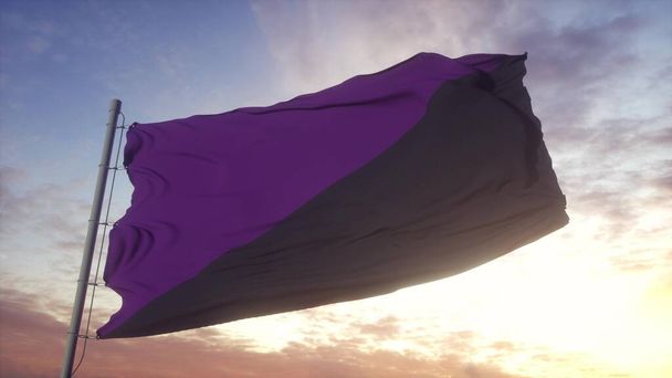 Прапор анархо-фемінізму розмахує вітром, небом і сонцем. 3d рендеринг. - Фото, зображення