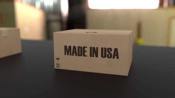 Caixas com MADE IN USA texto em transportador. Bens americanos relacionados. Renderização 3d. - Foto, Imagem