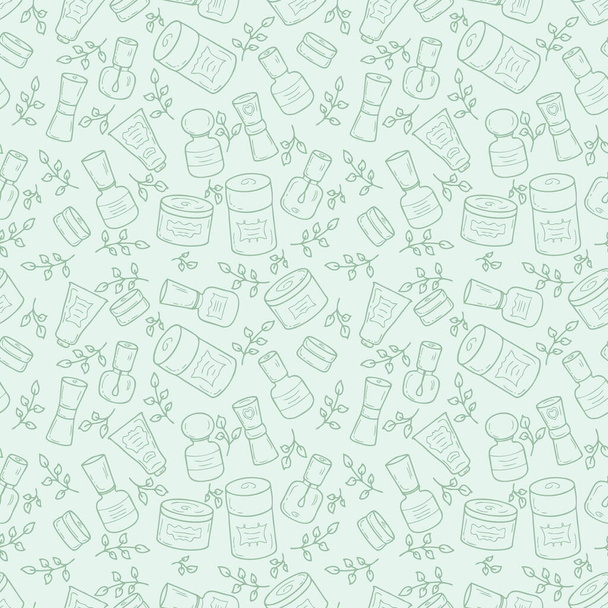 Doodle cosmetic jars with labels and leaves seamless pattern. Perfect for scrapbooking, poster, textile and prints. Hand drawn illustration for decor and design. - Photo, Image