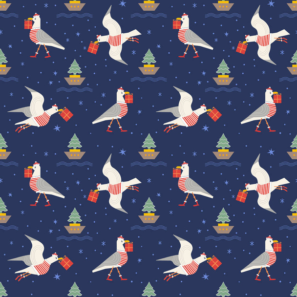 Christmas quirky seagull with gift seamless vector pattern. Cute sea gull bird in Santa costume cartoon illustration design element. Playful birds deliver x-mas presents. Holiday wallpaper background - Вектор, зображення