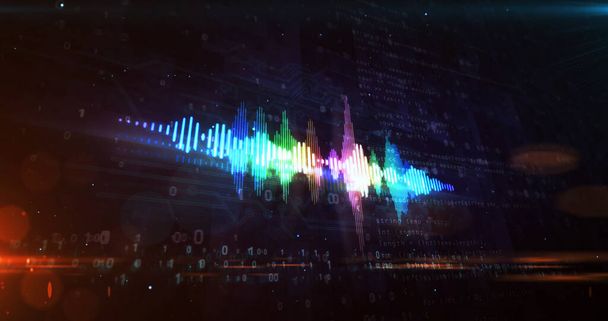 Звуковой спектр звуковой неоновой вывески, радиозвуковая волна и звуковой сигнал диско записывают громкость. Футуристическая 3D-иллюстрация. - Фото, изображение