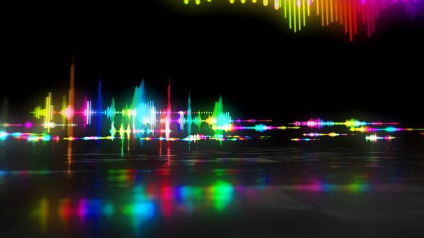 オーディオスペクトル音声ネオンサインコンセプト、ラジオサウンド波とディスコ音楽レコードボリューム信号。未来的な3Dレンダリング図. - 写真・画像