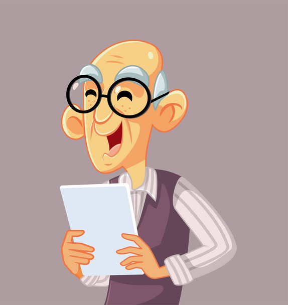 Elderly Man Using a Pc Tablet Vector Cartoon - Vetor, Imagem