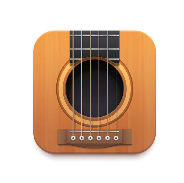 Значок вектора интерфейса гитарной музыки с акустическим гитарным музыкальным инструментом, струнами, шеей, звуковым отверстием и бриджем. Изолированная 3D квадратная кнопка мобильного или веб-приложения ui или gui дизайн - Вектор,изображение