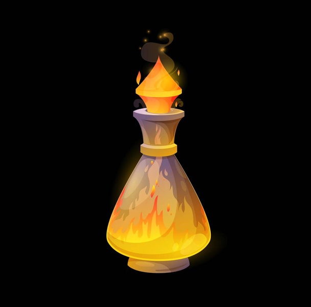 Glass potion bottle with fire, orange flames raging in flask. Vector magic elixir, spell with blaze splash tongues. Cartoon element for magic game ui design. Witch asset isolated on black background - Vector, Image