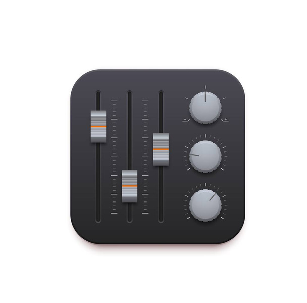 サウンドミキサー、音楽や録音アプリの3Dアイコン。コントロールノブ、スイッチ、フェーダースライダー、アプリケーションインターフェイスボタンを備えたベクトルオーディオミキシングコンソールまたは音楽スタジオボードパネル絶縁シンボル - ベクター画像