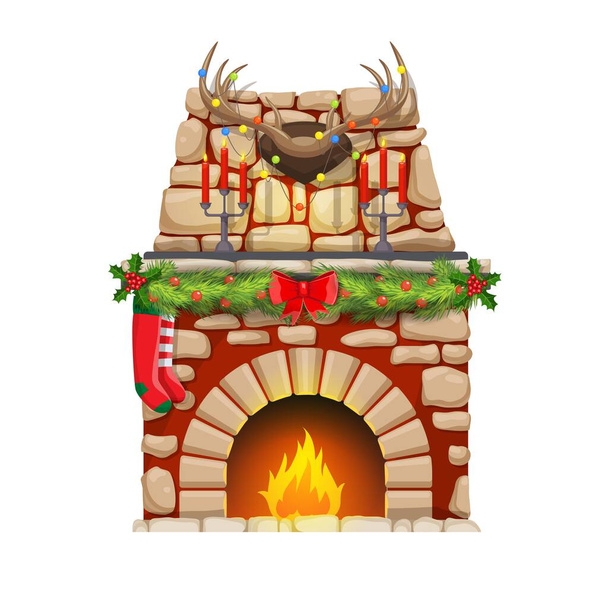 Christmas fireplace with cartoon fire and Xmas holiday decorations. Vector stone fire place or hearth with stockings, Christmas tree garland and festive lights, holly berry and red ribbons - Vector, Image