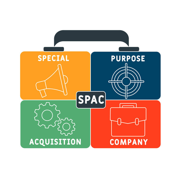 SPAC, symbol společnosti pro akvizice pro speciální účely. Business a SPAC, speciální koncept společnosti pro akvizice. koncepce vektorové ilustrace s klíčovými slovy a ikonami. ilustrace písma s ikonami - Vektor, obrázek