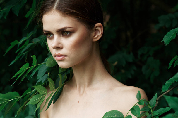 beautiful woman green leaves clean skin nature summer model - Photo, Image