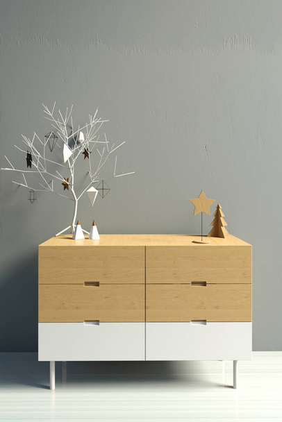 modernes Weihnachtsinterieur mit credenza, skandinavischem Stil. Wandattrappe auf. 3D-Illustration - Foto, Bild