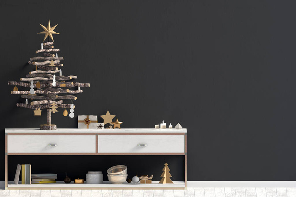Moderno interno natalizio con credenza, stile scandinavo. Muro finto. Illustrazione 3D
 - Foto, immagini