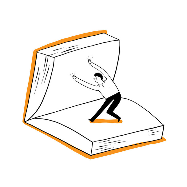 Un hombre, un estudiante o un hombre de negocios está volteando un libro grande. Ilustración vectorial Dibujo a mano estilo garabato - Vector, imagen