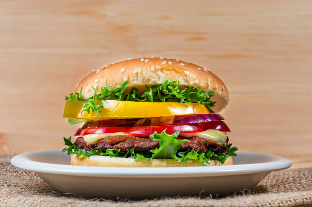 homemade hamburger with fresh vegetables, close up - Фото, зображення