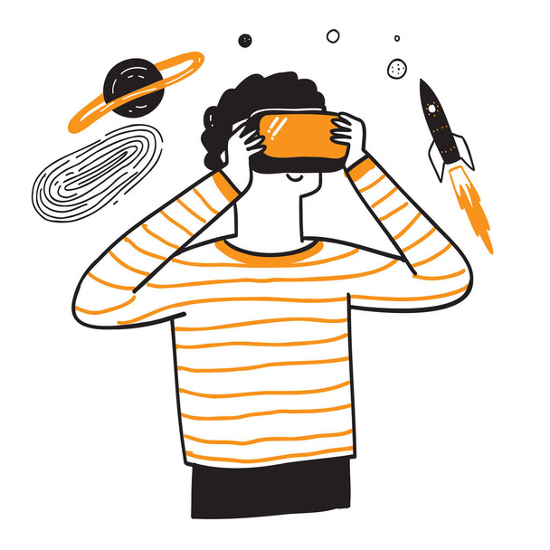 Niño usando gafas 3D experimentan la realidad virtual en un simple, divertido como viajar en el espacio - Vector, Imagen