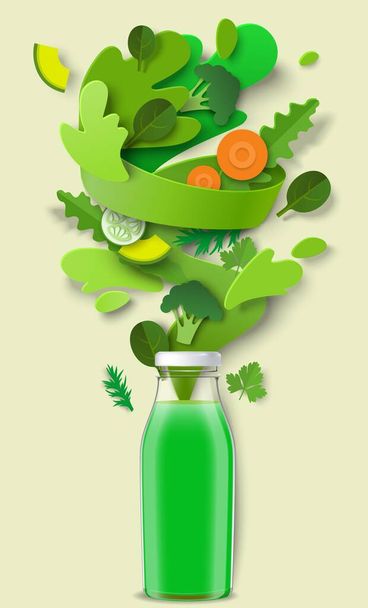 Green juice glass bottle, paper cut fresh vegetables, liquid splash, drops. Healthy organic drink. Detox diet, vector. - Wektor, obraz