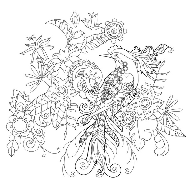 Contour linear illustration for coloring book with paradise bird in flowers. Tropic bird,  anti stress picture. Line art design for adult or kids  in zen-tangle style, tattoo and coloring page. - Vector, imagen