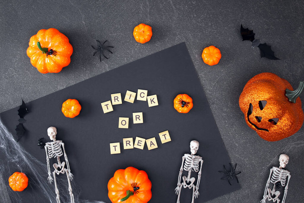 Halloween decorations black background. Halloween concept. Flat lay, top view. Trick or treat. - Foto, Imagen