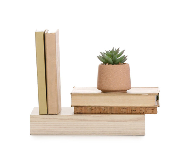 Kleines Holzregal mit Büchern und Blumentopf auf weißem Hintergrund - Foto, Bild