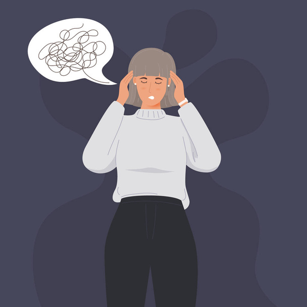 Woman holding her head because of sickness or stress - Vector, Image
