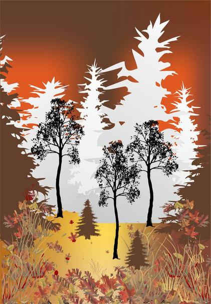 composition with an autumn landscape with trees and grasses  - Vector, Image