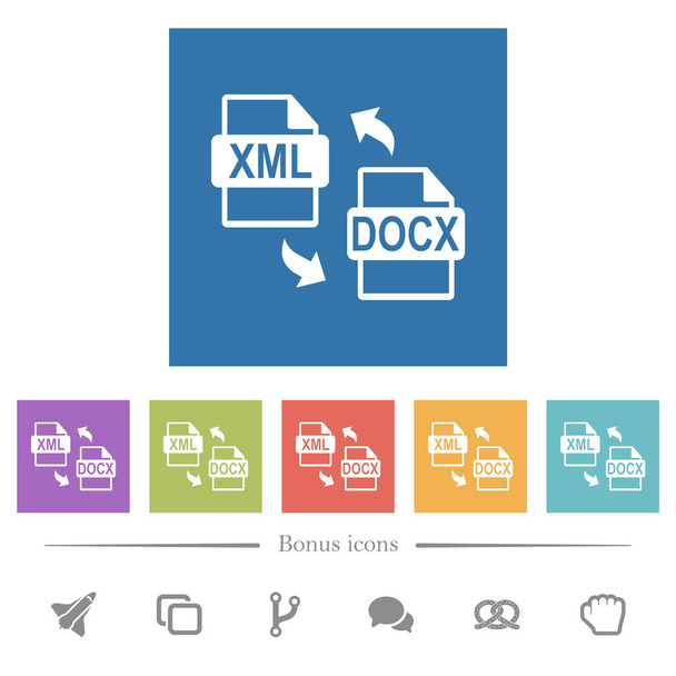 Conversion de fichiers XML DOCX icônes blanches plates dans des milieux carrés. 6 icônes bonus incluses. - Vecteur, image