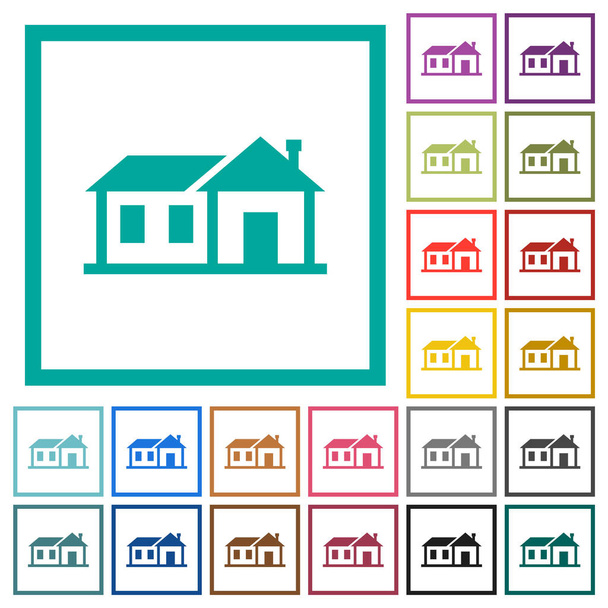 Einfamilienhaus flache Farbsymbole mit Quadrantenrahmen auf weißem Hintergrund - Vektor, Bild
