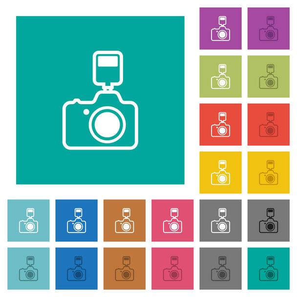 Camera with flash outline multi colored flat icons on plain square backgrounds. Included white and darker icon variations for hover or active effects. - Vector, Image