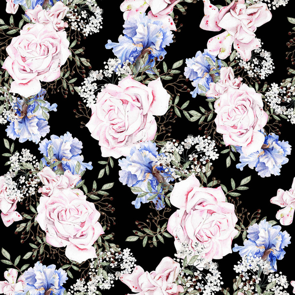 Beautiful watercolor seamless pattern with roses and iris flowers. Illustration - Zdjęcie, obraz