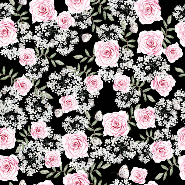 Красивий акварельний безшовний візерунок з трояндами квітами та листям. Ілюстрація
 - Фото, зображення