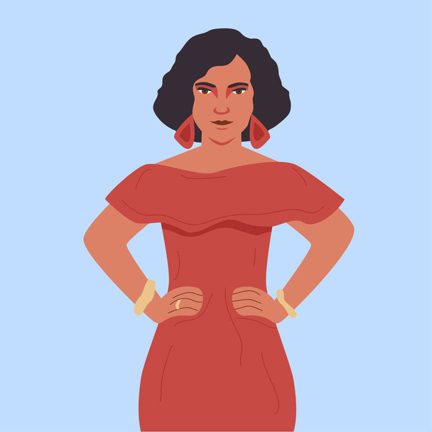 Fille latino-américaine avec icône ornementale. Femme espagnole en robe rouge. Courses et nationalités du monde. Illustration vectorielle plate - Vecteur, image