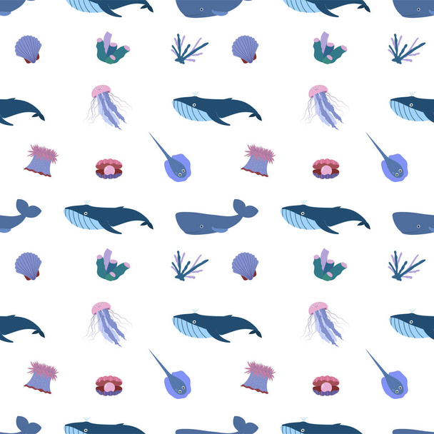 クジラ、クラゲ、ストリングレイ、貝殻、サンゴと海の動物のシームレスなパターン。海の住人｜print. - ベクター画像