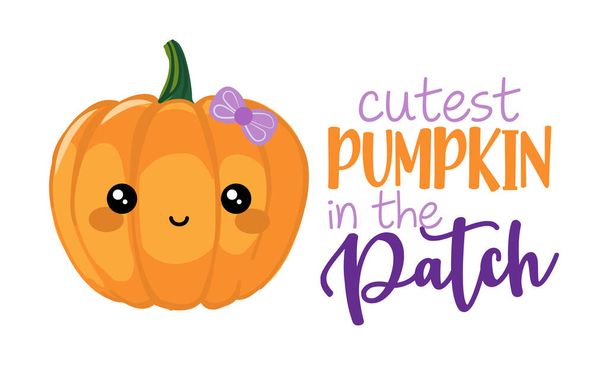 Cutest pumpkin in the patch - Hand drawn pretty  pumpkin girl with quote. Autumn color poster. Good for scrap booking, posters, greeting cards, banners, textiles, gifts, shirts, mugs or other gifts. - Vector, Imagen