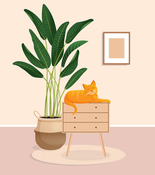 Gato de gengibre bonito senta-se em uma caixa de gavetas. Sala de estar interior com animal, ficus e decoração de casa. Ilustração vetorial de uma sala sem pessoas - Vetor, Imagem