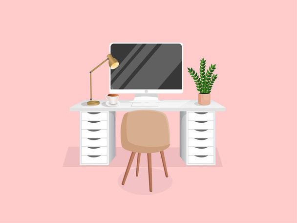 Рабочее место с компьютером, столом, растением, лампой, стулом и чашкой на изолированном розовом фоне для домашнего офиса, шкафа, удаленной работы, фрилансеров, преподавания. Векторная иллюстрация в плоском стиле мультфильма - Вектор,изображение