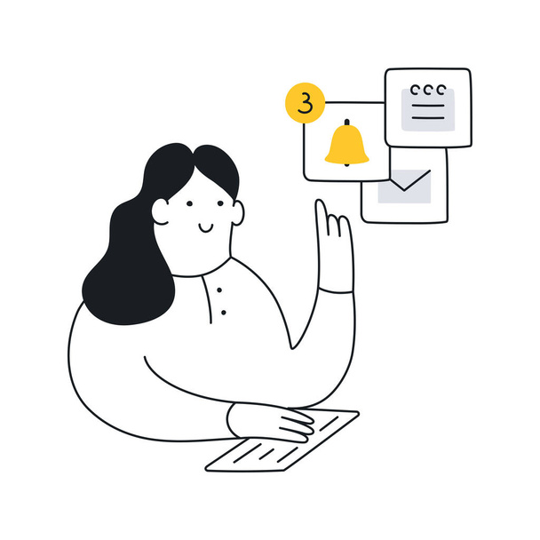 Multitasking woman at the workplace. Checking mail, notifications, reminders, schedule, working at the computer. Clean modern elegant vector illustration on white - Vector, Image