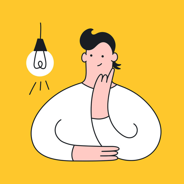Idea generation, imagination, creativity, solution concept. Thinking man and the lightbulb. Flat clean outline isolated vector illustration on white background. - Vector, Image
