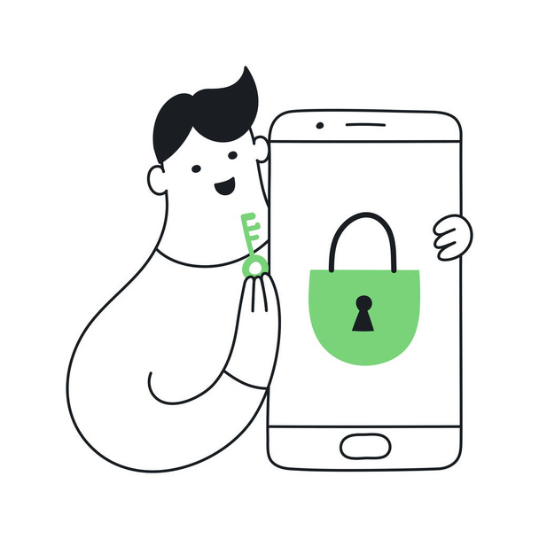 Businessman holding a key and a smartphone with a lock. Solution, opportunity, secure, data access, encryption, account access concept. Flat outline clean vector illustration - Vector, Image