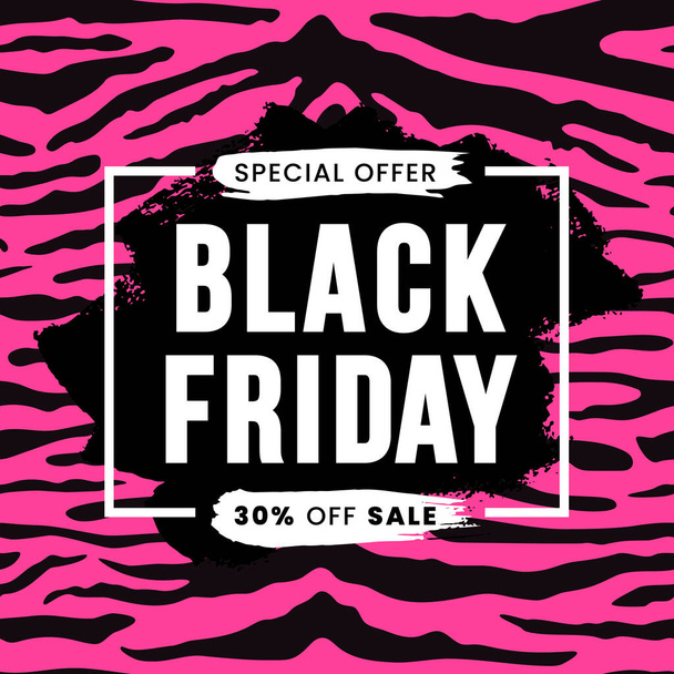Black friday sale square banner design with black grunge brushstroke on sexy pink tiger skin striped texture background. Vector social media template for flyer, discount, promotion, web advert, poster - Wektor, obraz