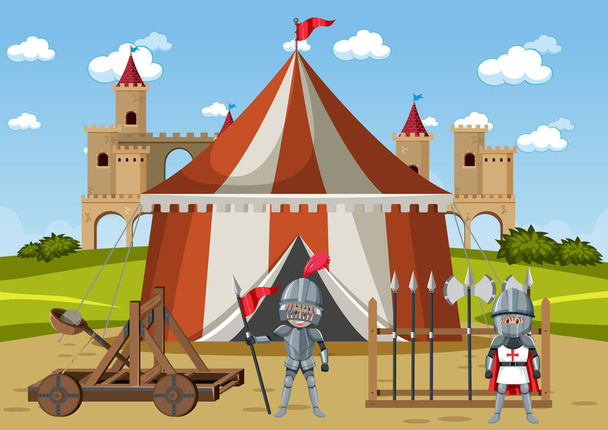 Campo militare medievale con tende e illustrazione delle armi - Vettoriali, immagini