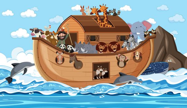 Arca di Noè con animali nella scena dell'oceano illustrazione - Vettoriali, immagini